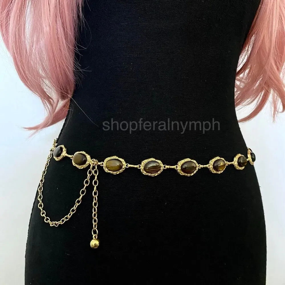 Gold Tiger Eye Faux Stone Western Boho Chain Belt, Fits 16-38 Inches, X7GA1412